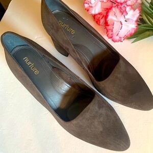 Nurture Taupe Faux Suede Slip on Heels